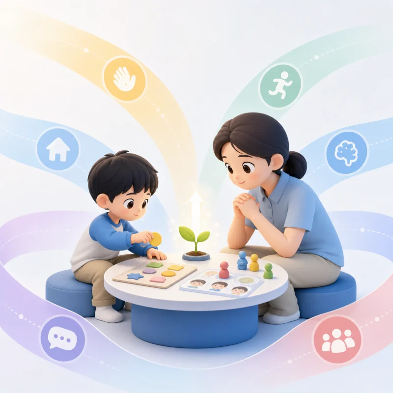 教师与儿童开展结构化互动评估的卡通插画